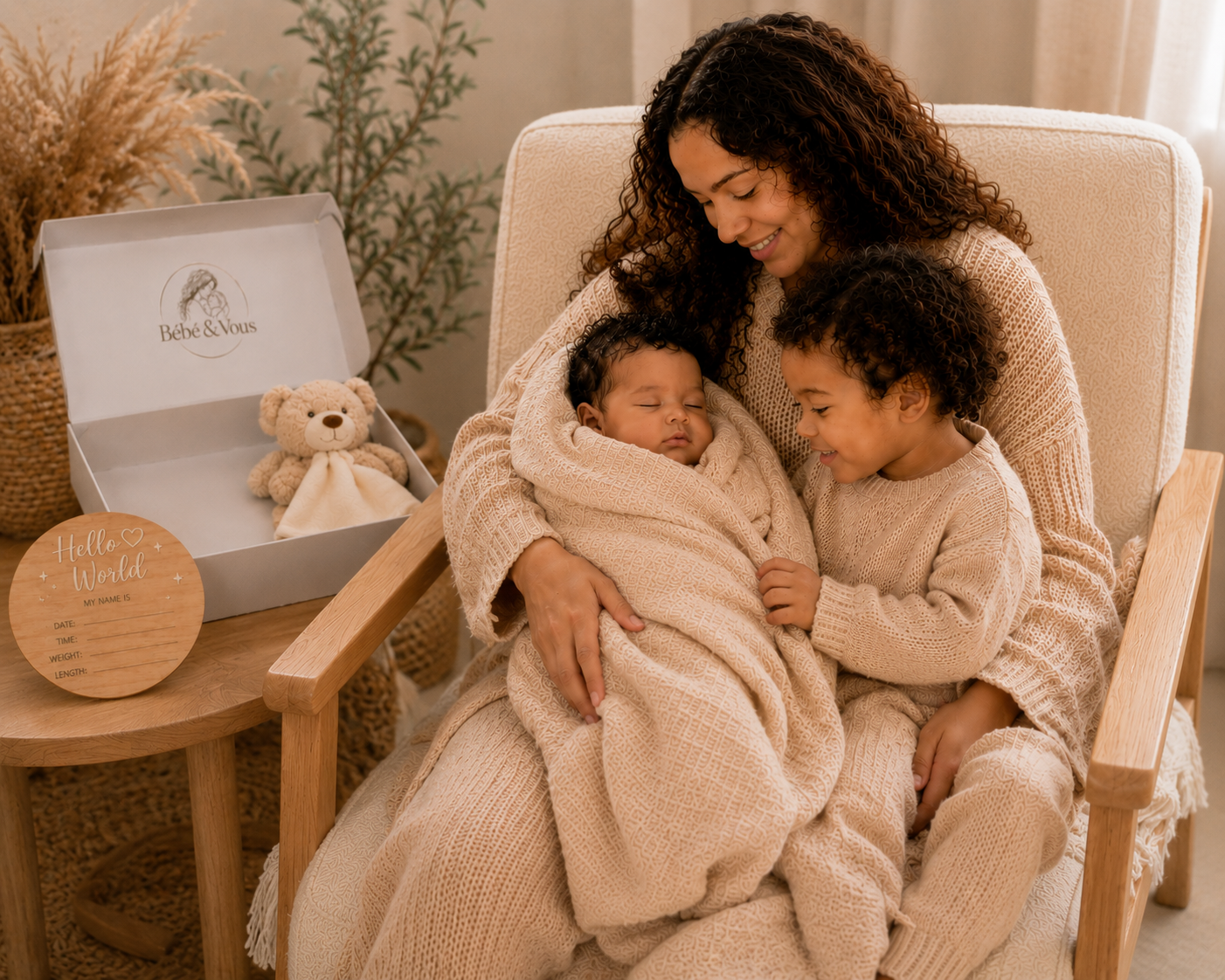 Bébé enveloppé dans une couverture en coton du coffret naissance Bébé&Vous