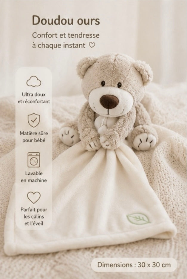 Petit doudou ours blanc et beige tout doux pour accompagner bébé dès la naissance