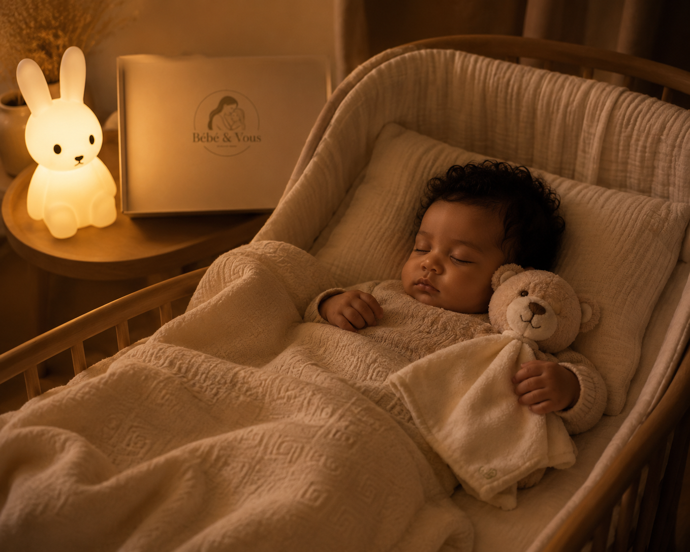 cadeau naissance Bébé&Vous installé dans une chambre , présenté dans un univers doux , chaleureux et raffiné, bébé enveloppé dans la couverture , doudou ours blanc dans les bras, le tout éclairé par la veilleuse lapin