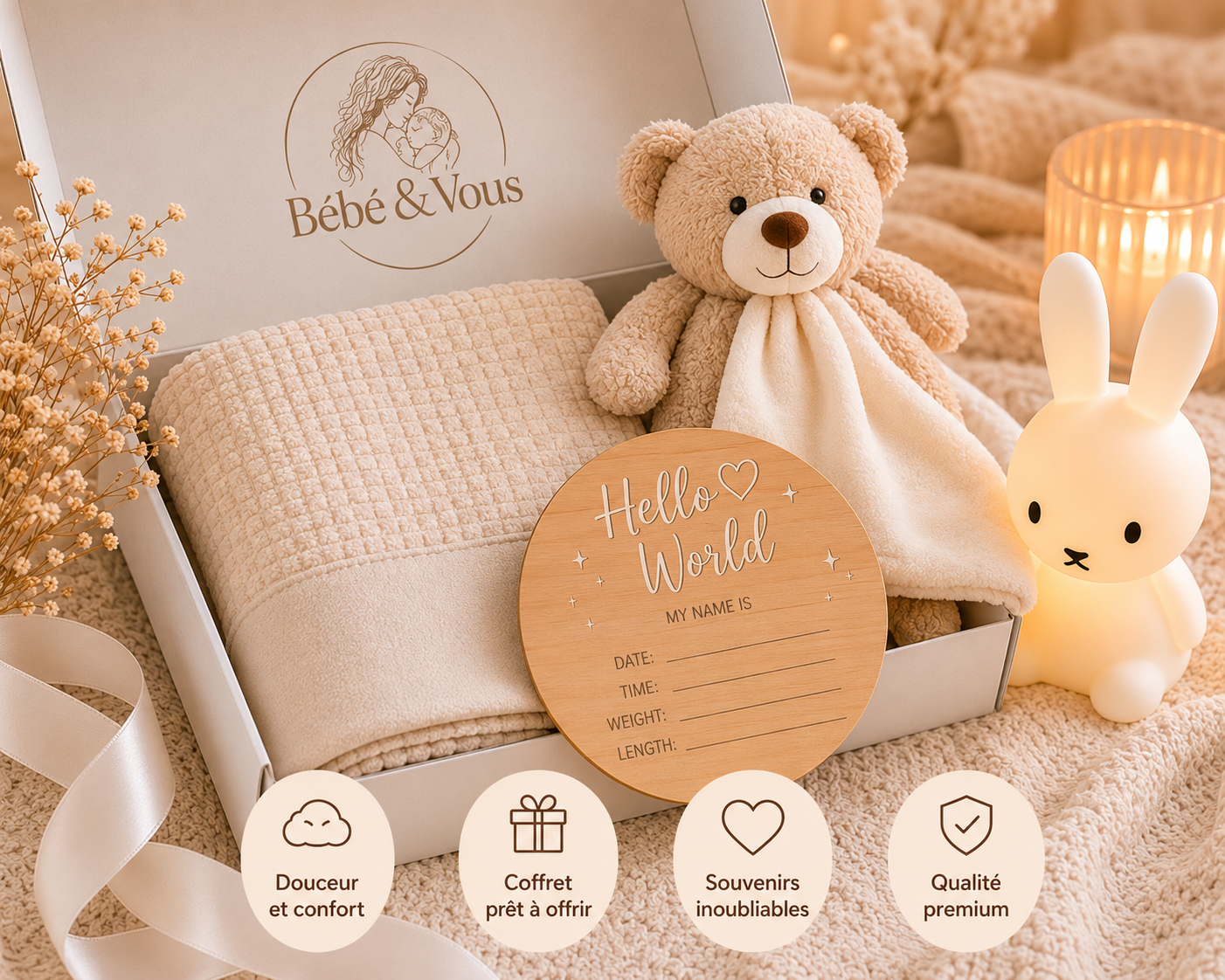 Pack naissance premium Bébé&Vous présenté dans une élégante boîte cadeau avec ses quatre essentiels pour bébé