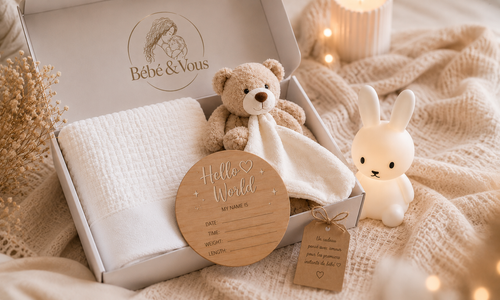 Coffret naissance Bébé&Vous comprenant une couverture en coton, un doudou ours, une veilleuse intelligente lapin et un panneau d'annonce naissance en bois 